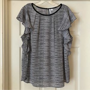 ELLE Striped Ruffle Flutter Top in Black and White Large L